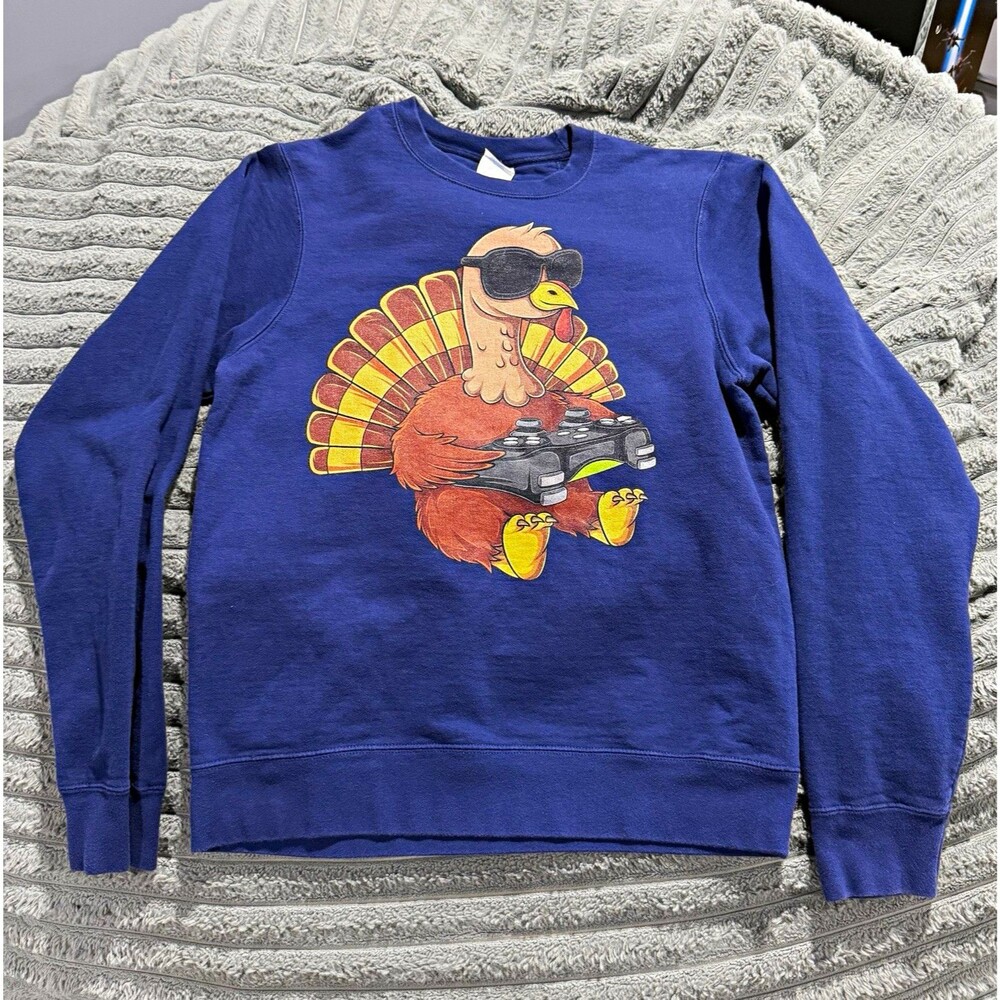 Gamer Turkey Graphic Sweatshirt Funny Thanksgiving Fall Navy Crewneck S
